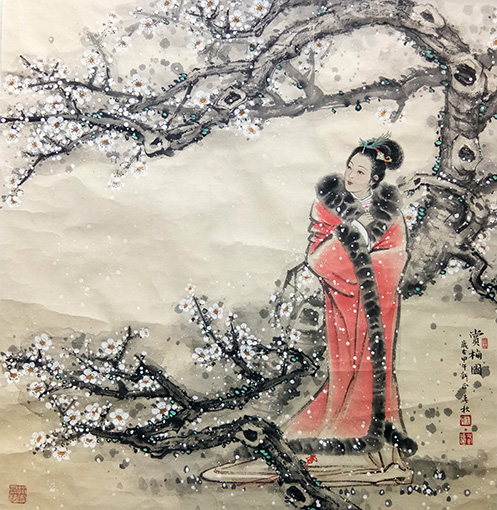 《赏梅图》规格：67cmx67cm 2014 年1月作